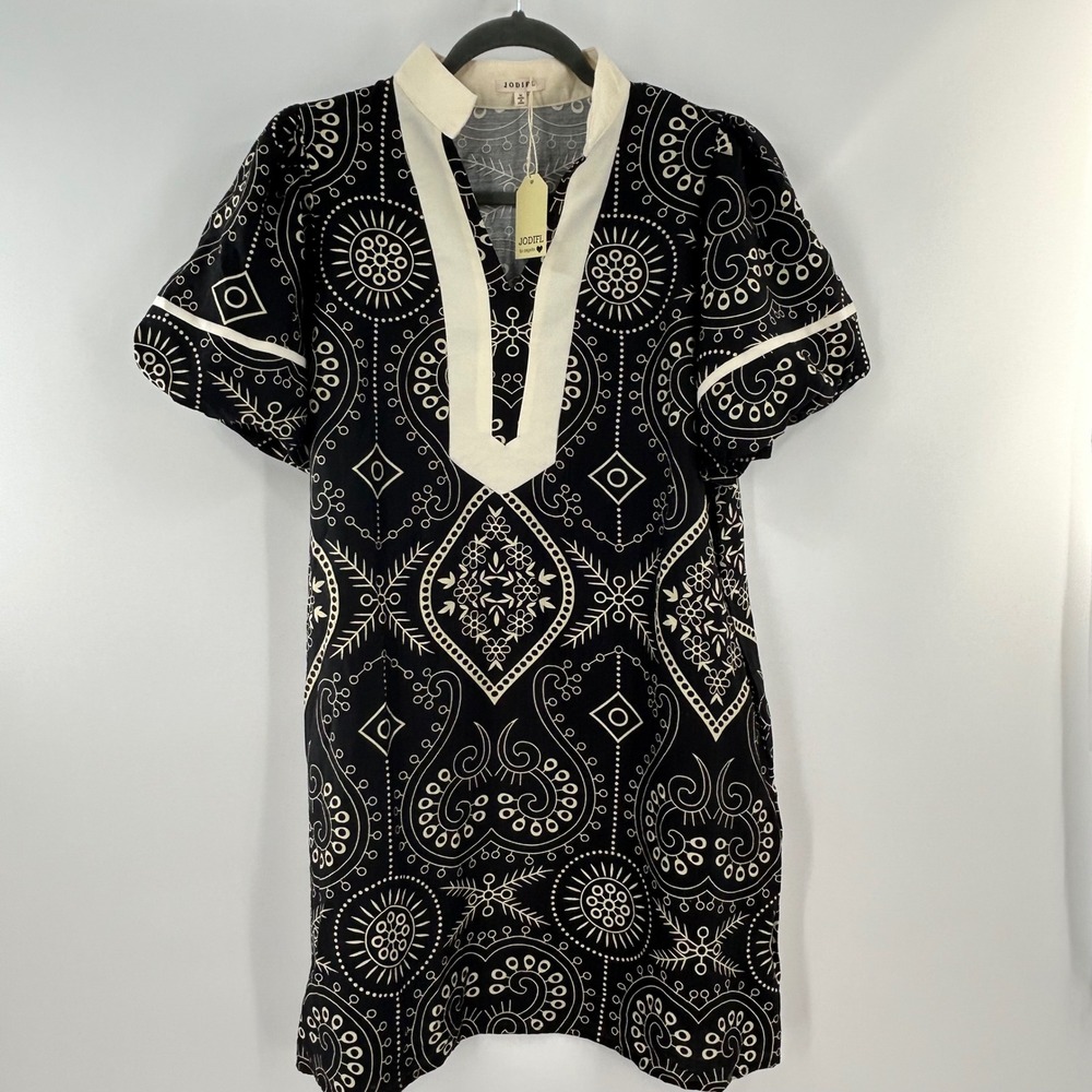 Jodifl Black Cream Geometric Floral Print Tunic Dress Boho Short Puff Sleeve M